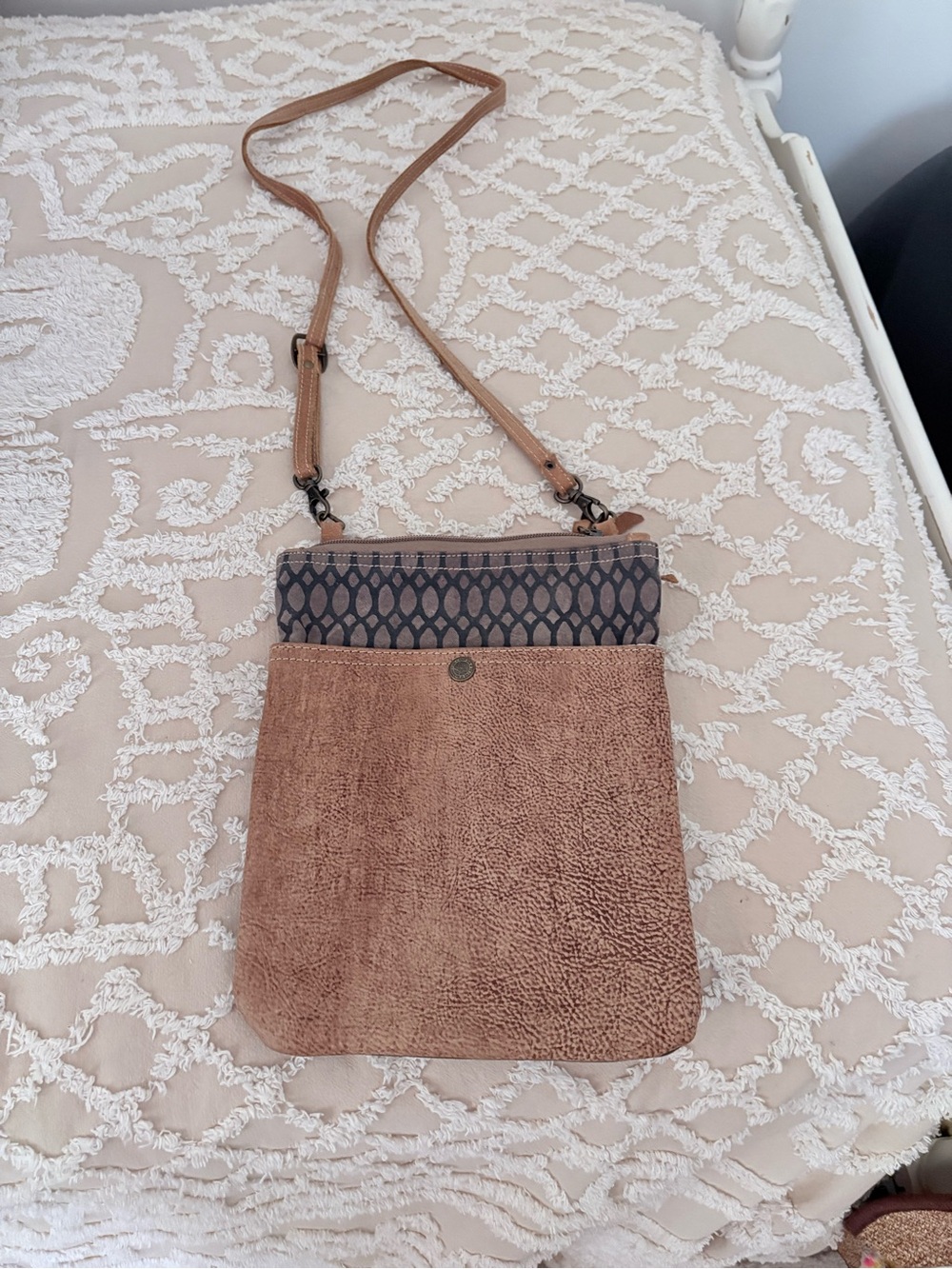 Myra Bag Brown Textured Crossbody with Patterned Trim